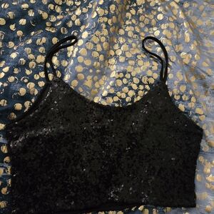 Bear Dance Black Sequin Crop Top with Slim Straps